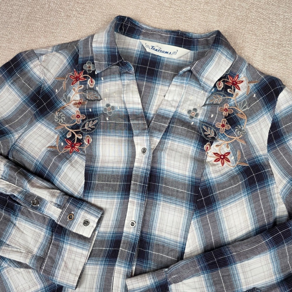 Tantrums Blue Plaid Embroidered Floral Button Down Tunic Top Womens Large Boho